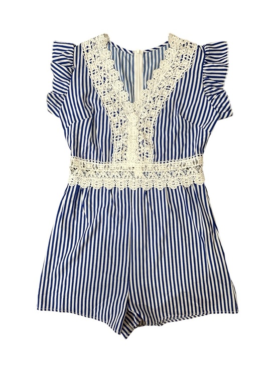 SHEIN Pants - SHEIN Blue & White Striped Lace-Trim Romper sz M